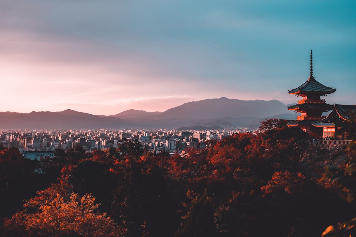 Kyoto pagoda framed by trees at golden hour, Japan